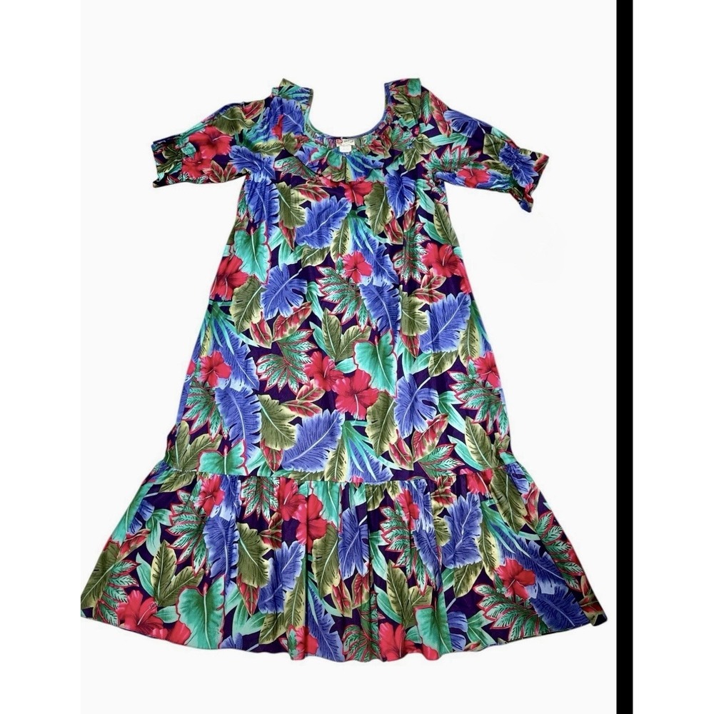 Hilo Hattie Hawaiian Muumuu Dress 2XL Cotton Tropical Floral Ruffle Vintage